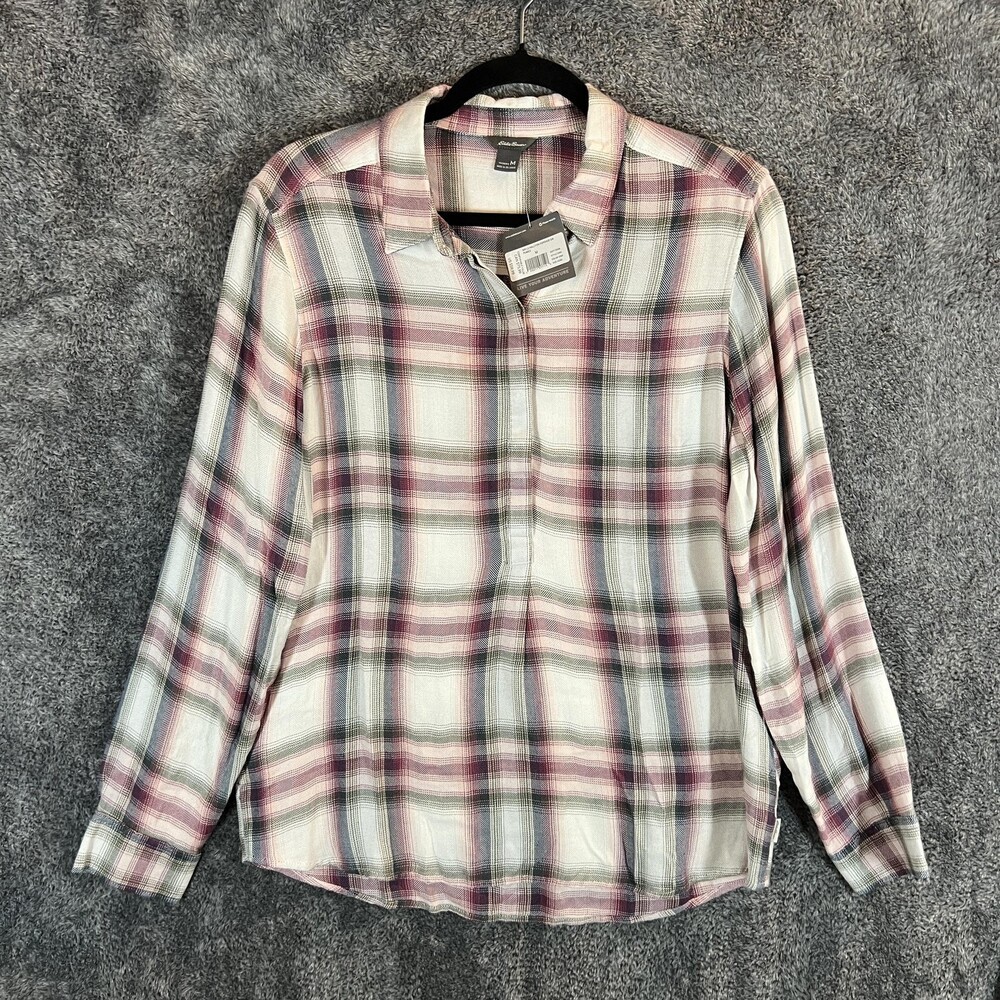 Eddie Bauer Shirt Womens Medium Plaid Pumice Halcyon Popover Long Sleeve Rayon